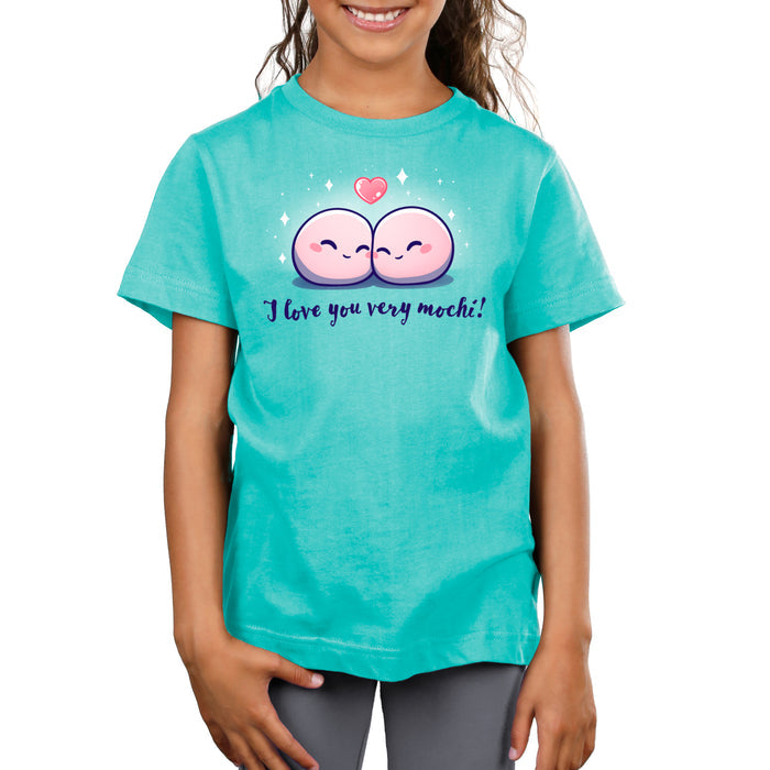 Premium Cotton T-shirt_Teeturtle I Love You Very Mochi! Caribbean Blue apparel featuring a pair of cartoon Mochi balls cuddling amidst sparkles with a heart above them and the words 'I love you very Mochi.' written beneath.