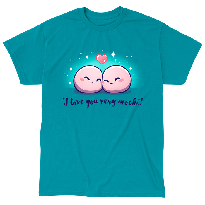 Classic Cotton T-shirt_Teeturtle I Love You Very Mochi! Tropical Blue apparel featuring a pair of cartoon Mochi balls cuddling amidst sparkles with a heart above them and the words 'I love you very Mochi.' written beneath.