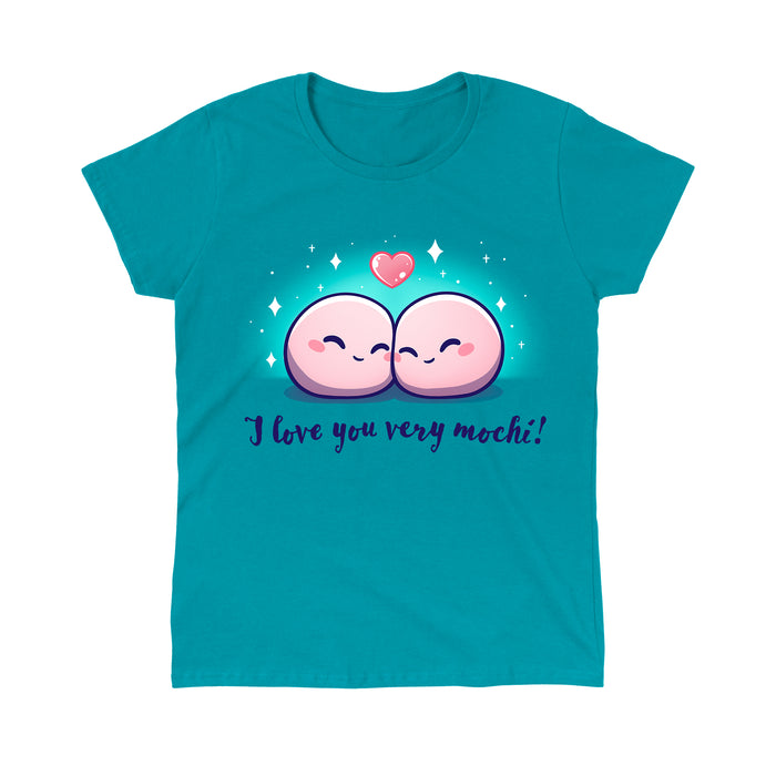 Classic Cotton T-shirt_Teeturtle I Love You Very Mochi! Tropical Blue apparel featuring a pair of cartoon Mochi balls cuddling amidst sparkles with a heart above them and the words 'I love you very Mochi.' written beneath.