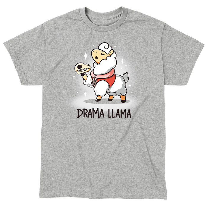 Classic Cotton T-shirt_TeeTurtle I'm A Drama Lllama heather gray t-shirt featuring a Shakespearian-attired Llama holding a Llama skull with 'Drama Llama' written beneath.