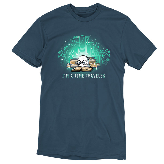 Premium Cotton T-shirt_Teeturtle denim blue I'm a Time Traveler apparel featuring a cute, glasses-wearing owl reading a book with a stack of books behind them with images of all the different time periods rising from those books and 'I'm a Time Traveler' written below.