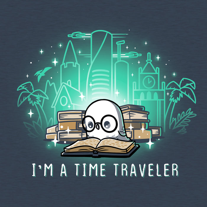 Classic Cotton T-shirt_Teeturtle heather navy I'm a Time Traveler apparel featuring a cute, glasses-wearing owl reading a book with a stack of books behind them with images of all the different time periods rising from those books and 'I'm a Time Traveler' written below.