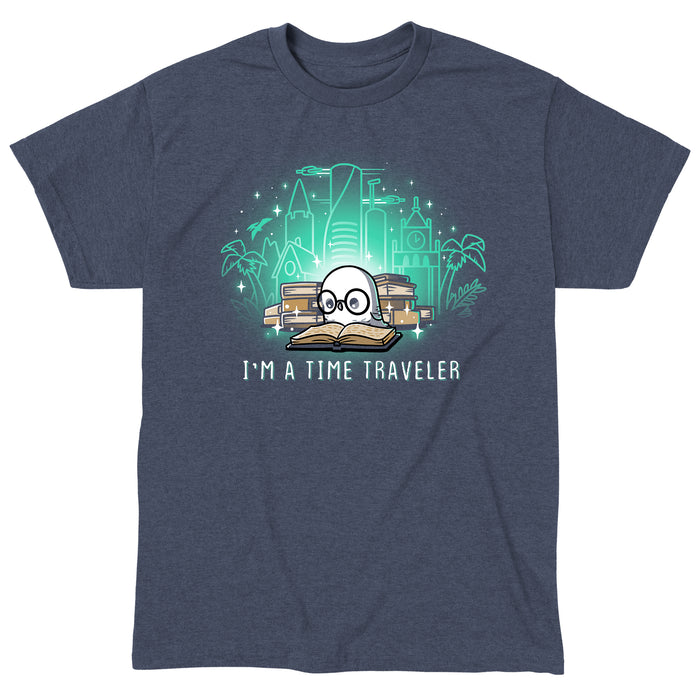 Classic Cotton T-shirt_Teeturtle heather navy I'm a Time Traveler apparel featuring a cute, glasses-wearing owl reading a book with a stack of books behind them with images of all the different time periods rising from those books and 'I'm a Time Traveler' written below.