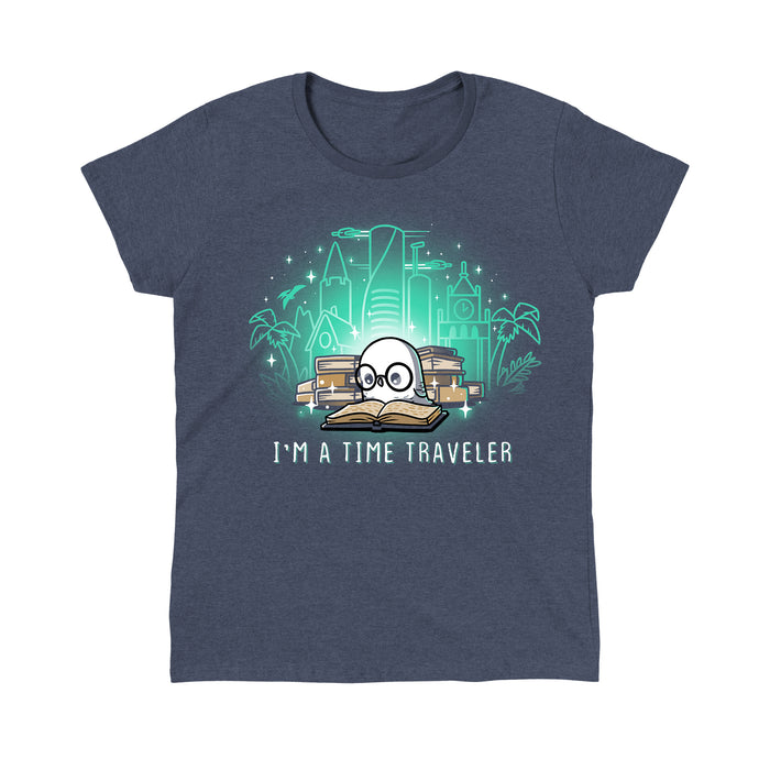 Classic Cotton T-shirt_Teeturtle heather navy I'm a Time Traveler apparel featuring a cute, glasses-wearing owl reading a book with a stack of books behind them with images of all the different time periods rising from those books and 'I'm a Time Traveler' written below.