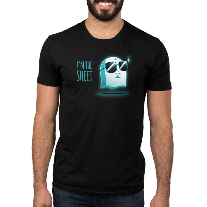 Premium Cotton T-shirt_TeeTurtle black I'm the Sheet featuring a smug-looking ghost wearing sunglasses, arms crossed over its chest with 'I'm the Sheet' written next to it.