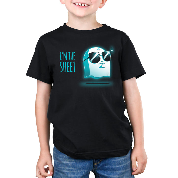 Premium Cotton T-shirt_TeeTurtle black I'm the Sheet featuring a smug-looking ghost wearing sunglasses, arms crossed over its chest with 'I'm the Sheet' written next to it.