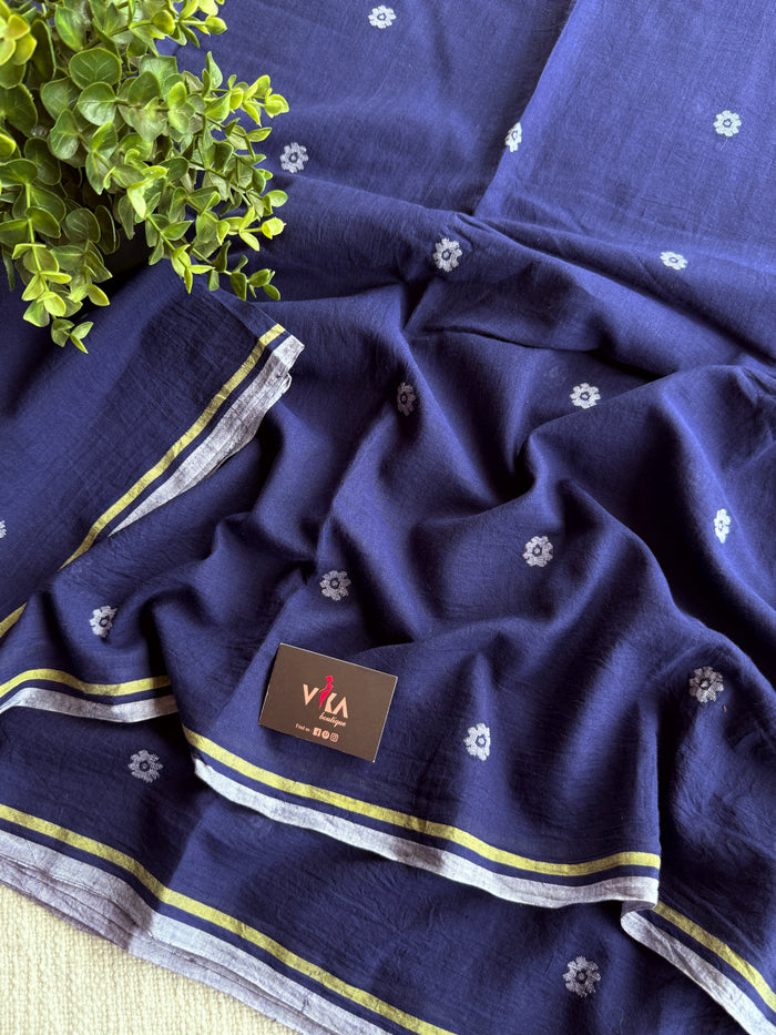 Indigo flower motif pure Jamdhani fabric