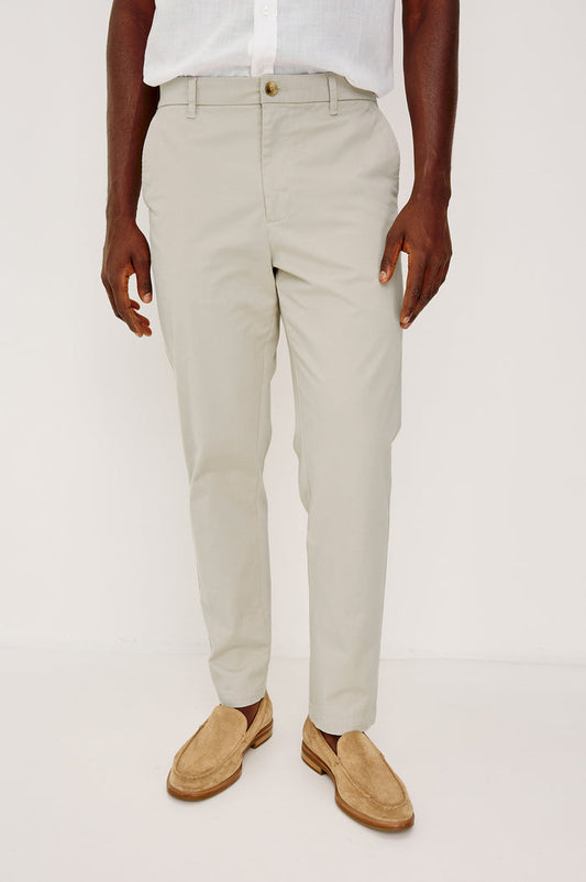 Irving Slim Straight Pant With Side Slant Pockets, and Back Welt Pockets in Stone Colorway - Lower Body Front View Featured on Model