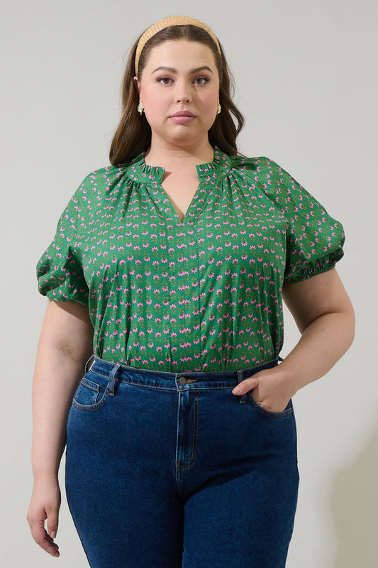 Isha Floral Lena Split Neck Top Curve