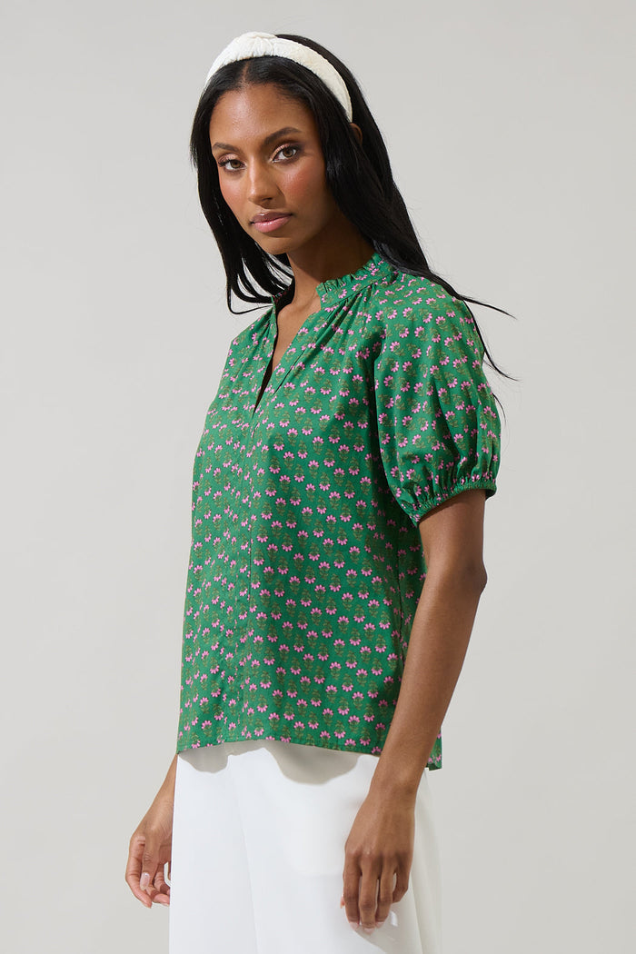 Isha Floral Lena Split Neck Top