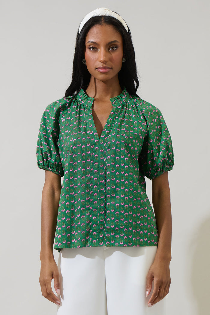 Isha Floral Lena Split Neck Top