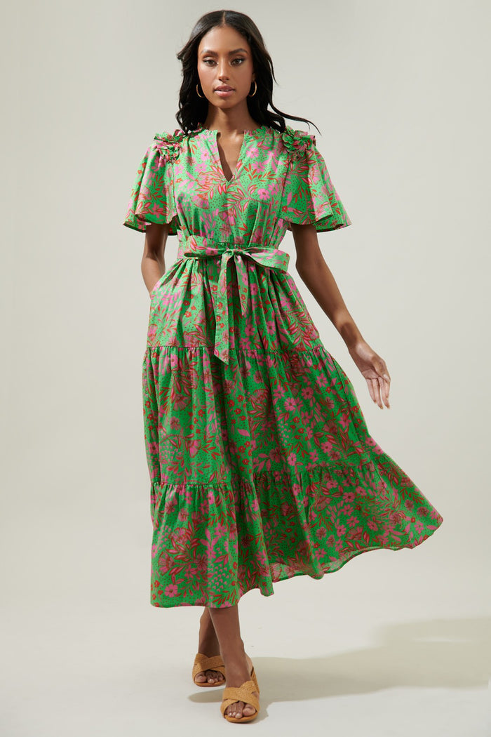 Jade Floral Escondido Tiered Shift Midi Dress