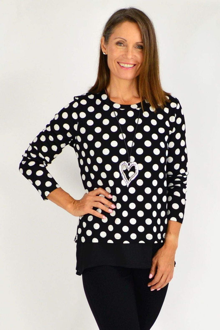 Stylius Jillian Spot Tunic Top with black and white spotted pattern, lightweight fabric, long sleeves, casual fit