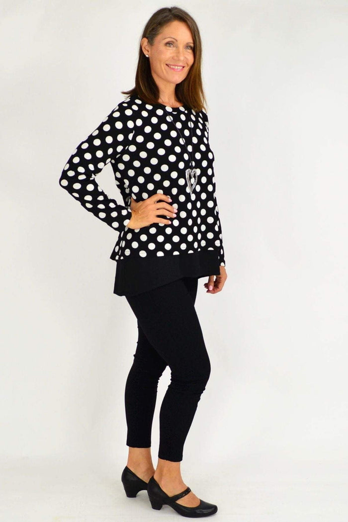 Stylius Jillian Spot Tunic Top in black and white with a playful spotted pattern, lightweight and stylish for casual wear.