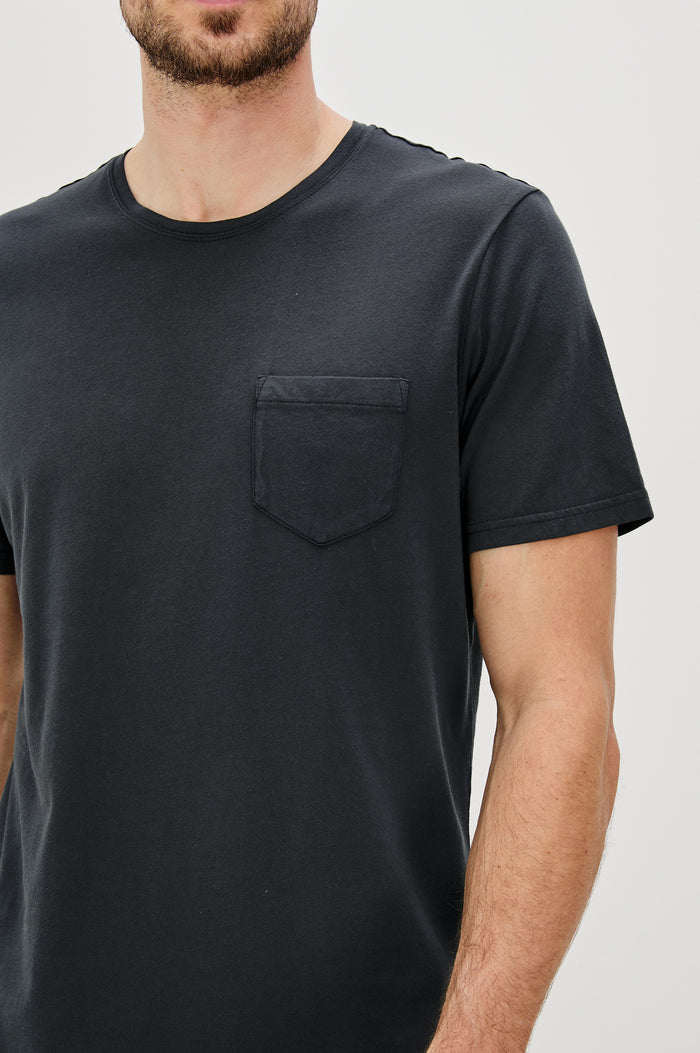 Johnny T-Shirt in Modal Jersey With Short Sleeves, Chest Patch Pocket, and Classic Fit in Carbon Colorway - Upper Body Front View Featured on Model