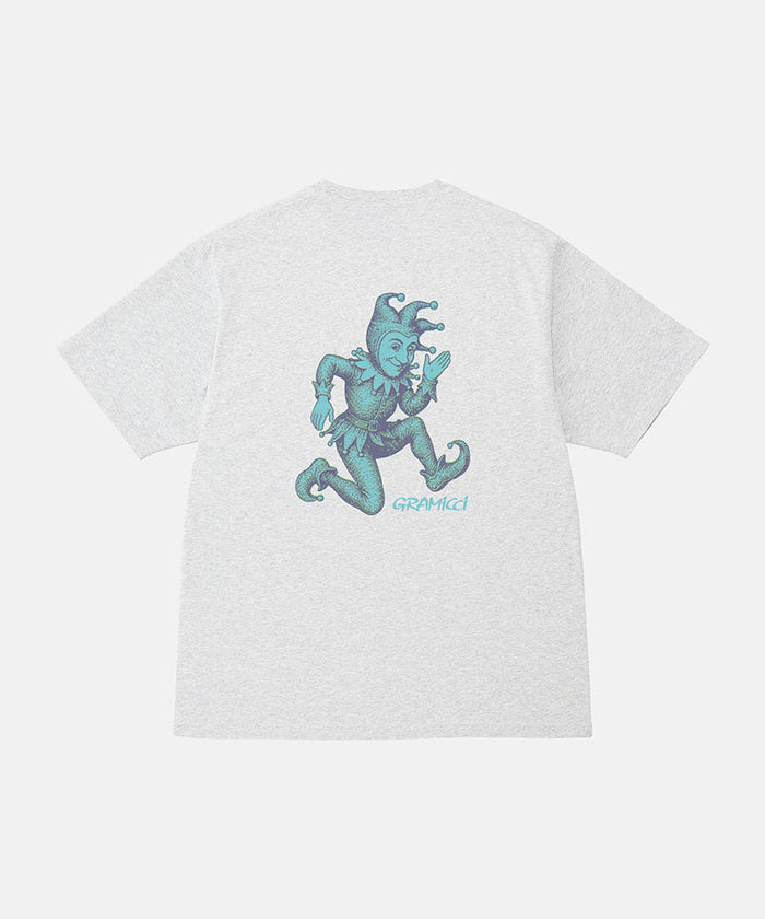 Back view of a Gramicci ash heather color Joker Tee with a teal graphic against a light-tone background.