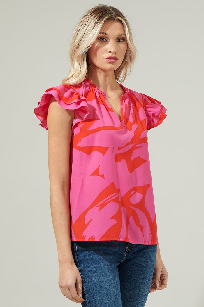 Jolene Abstract Bellissima Ruffle Sleeve Top
