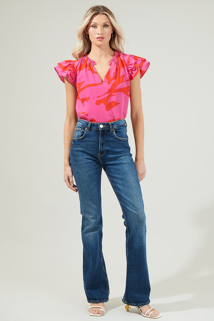 Jolene Abstract Bellissima Ruffle Sleeve Top