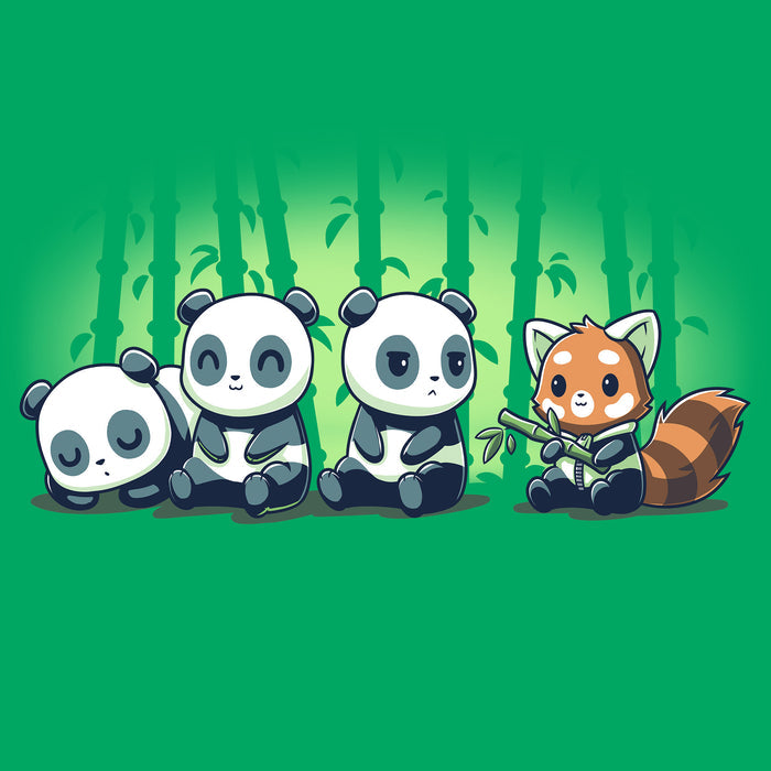 Classic Cotton T-shirt_Teeturtle Just Panda Business irish green t-shirt featuring a a scene of animals with a Red Panda in a zip-up panda-colored hoodie holding a piece of bamboo while trying to blend in with a trio of regular pandas with bamboo outlines behind them.