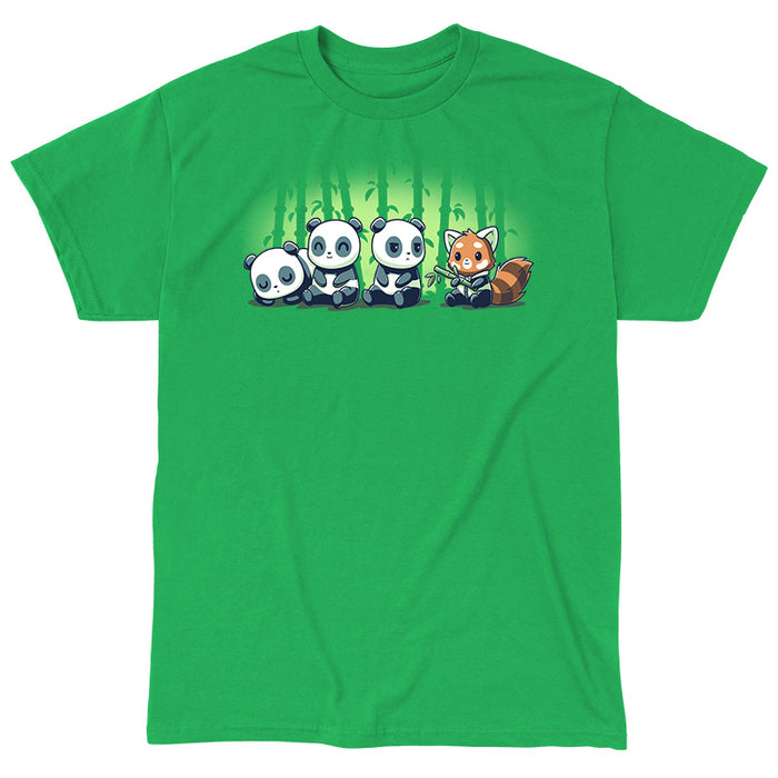 Classic Cotton T-shirt_Teeturtle Just Panda Business irish green t-shirt featuring a a scene of animals with a Red Panda in a zip-up panda-colored hoodie holding a piece of bamboo while trying to blend in with a trio of regular pandas with bamboo outlines behind them.