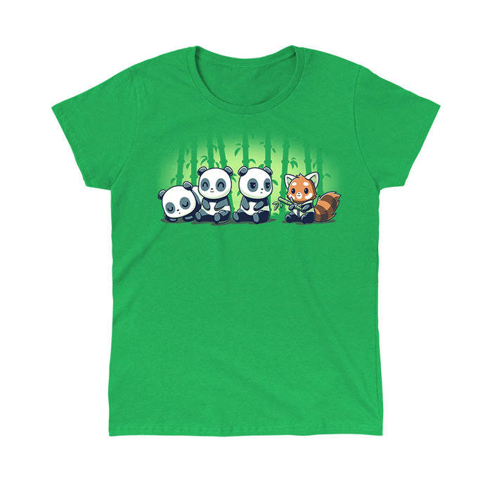 Classic Cotton T-shirt_Teeturtle Just Panda Business irish green t-shirt featuring a a scene of animals with a Red Panda in a zip-up panda-colored hoodie holding a piece of bamboo while trying to blend in with a trio of regular pandas with bamboo outlines behind them.