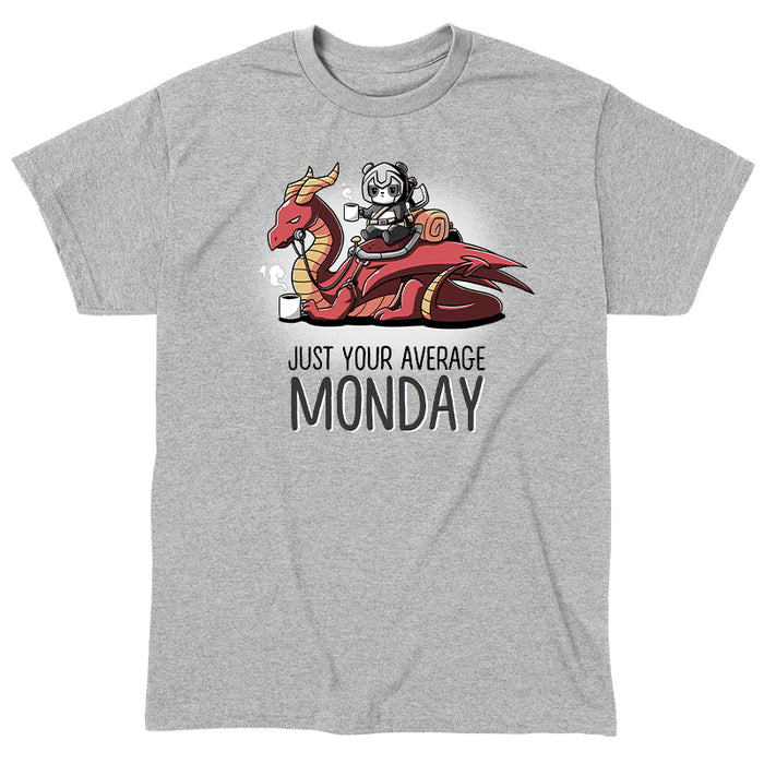 Classic Cotton T-shirt_TeeTurtle Just Your Average Monday heather gray t-shirt featuring an adventurous panda with a cup of coffee riding on a dragon that is also holding a cup of coffee, the image set over the words "Just Your Average Monday."