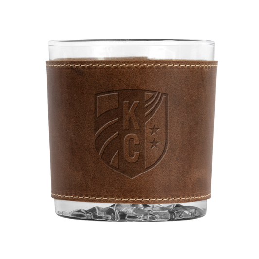 KC Current Rocks Glass with Leather Crest Embossed Band