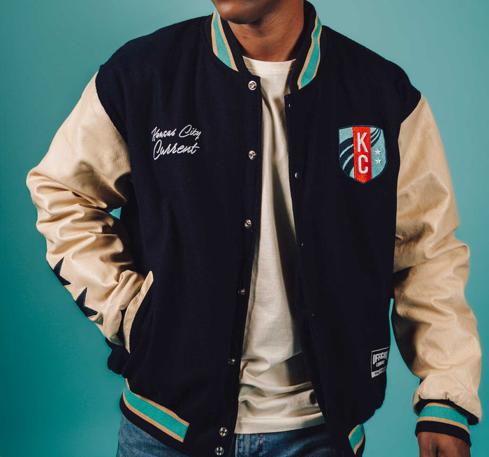 Unisex Navy Letterman Jacket Front on Model