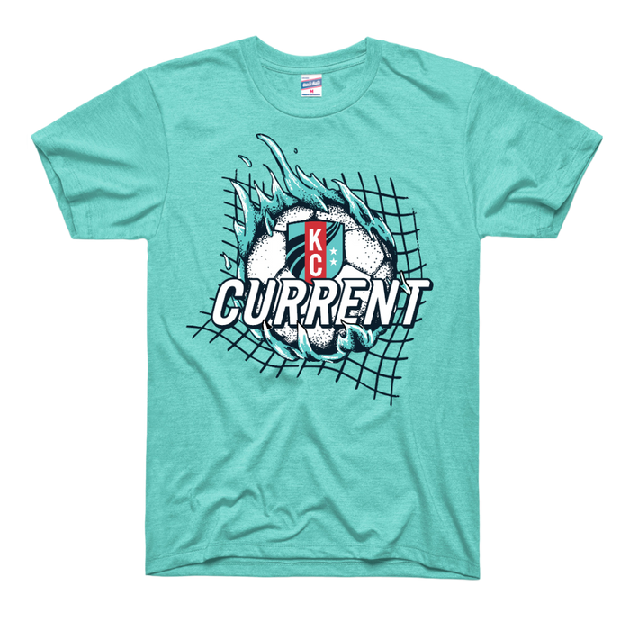 KC Current Unisex Teal Flames Soccer Ball T-Shirt