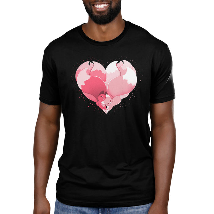 Premium Cotton T-shirt_TeeTurtle black Kitsune Heart featuring two kitsunes cuddling together and forming a heart with their tails.