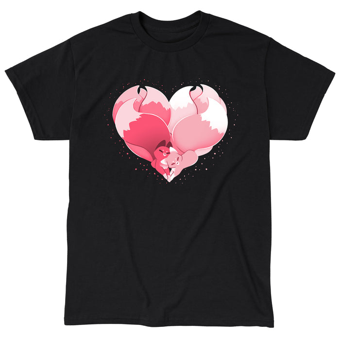 Classic Cotton T-shirt_TeeTurtle black Kitsune Heart featuring two kitsunes cuddling together and forming a heart with their tails.