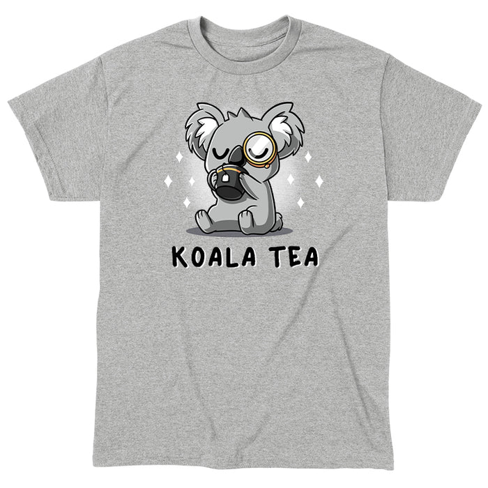 Classic Cotton T-shirt_TeeTurtle Koala Tea heather gray t-shirt featuring a dignified Koala wearing a monocle sipping tea from a mug.