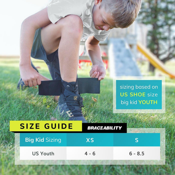 Our kids ankle brace comes in a two sizes fitting most kids size up to big kids size 8.5 sizing