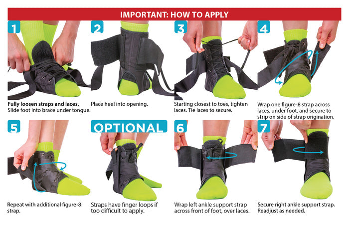 the instruction sheet for the kids lace up ankle brace is a simple lace up and wrap strap design