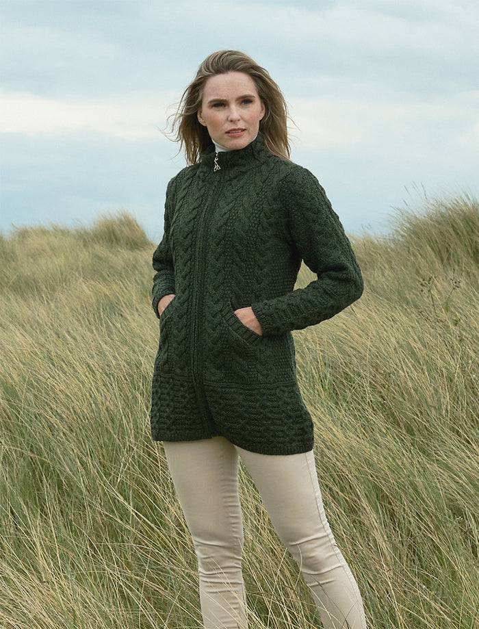 Ladies Merino Cable Design Zip Coatigan - Army Green #color_army-green