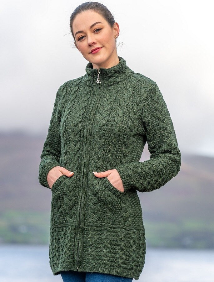 Ladies Merino Cable Design Zip Coatigan - Army Green #color_army-green