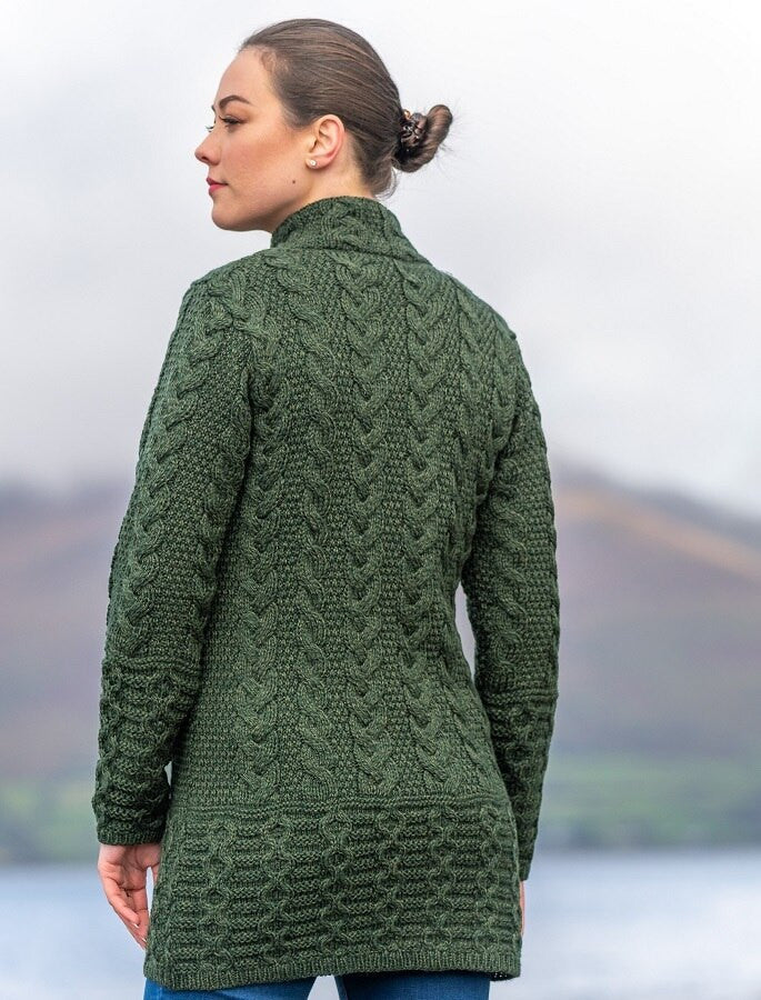 Ladies Merino Cable Design Zip Coatigan - Army Green #color_army-green