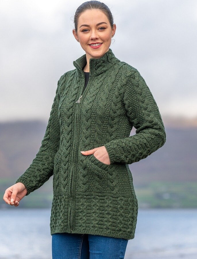 Ladies Merino Cable Design Zip Coatigan - Army Green #color_army-green