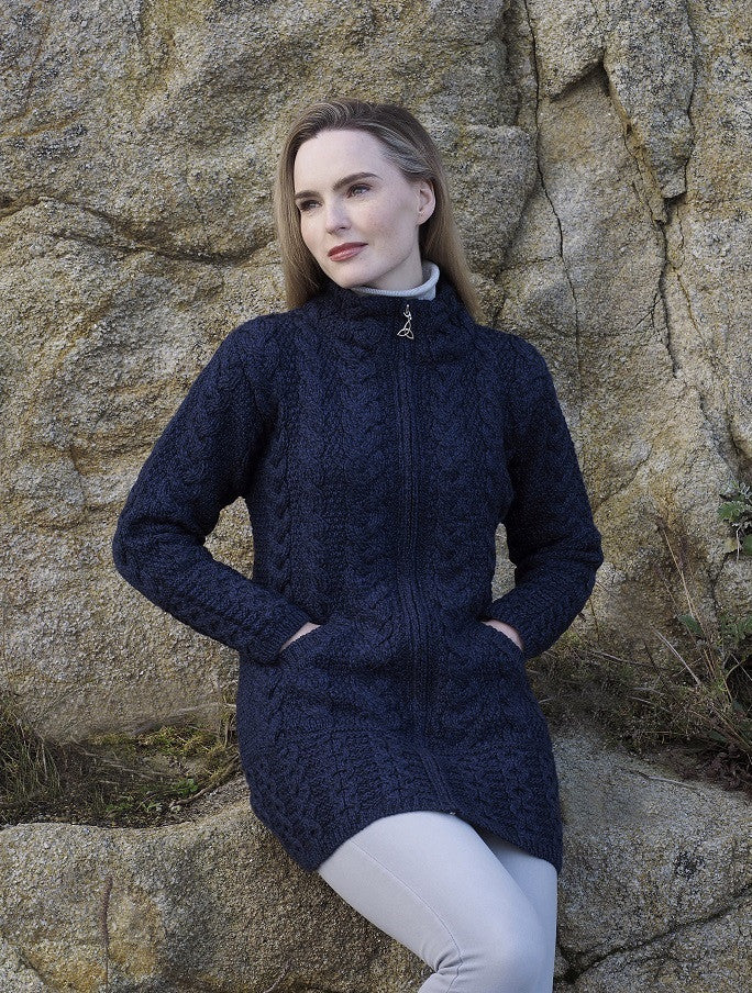 Ladies Merino Cable Design Zip Coatigan - Midnight #color_midnight