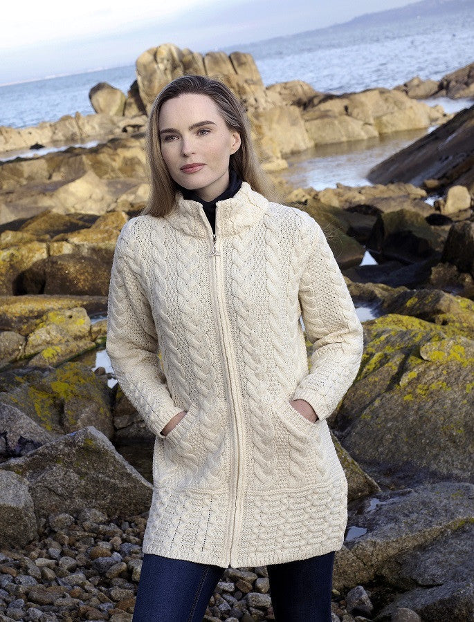 Ladies Merino Cable Design Zip Coatigan - Natural White #color_natural-white