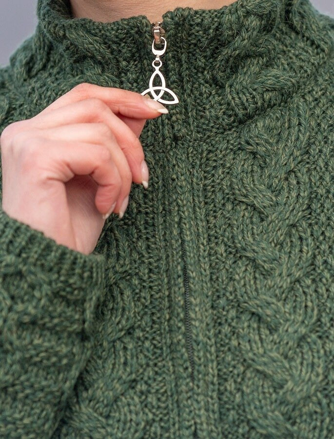 Ladies Merino Cable Design Zip Coatigan - Army Green #color_army-green
