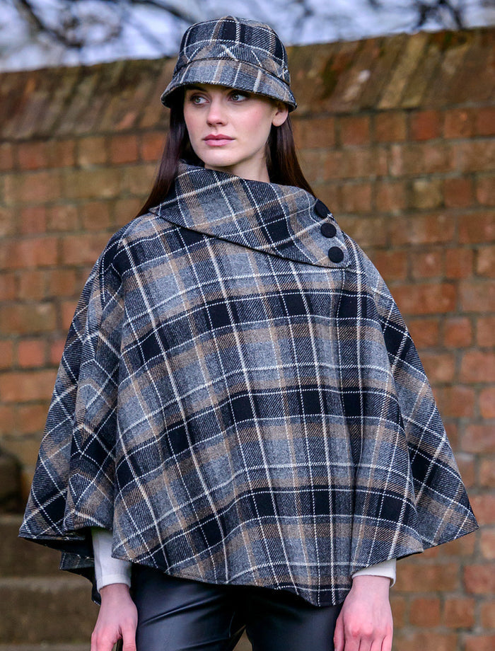Ladies Tweed Flapper Cap - Grey & Black Plaid #color_grey-black-plaid