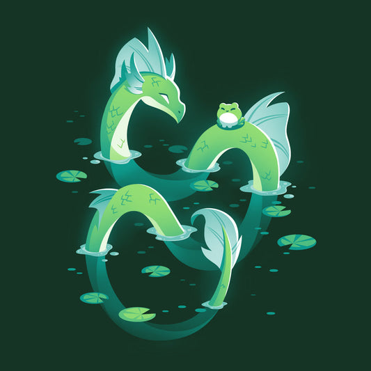 Premium Cotton T-shirt_TeeTurtle forest green Lagoon Dragon apparel featuring an artistic dragon in a lagoon with lily pads around it and a frog sitting on it's back.