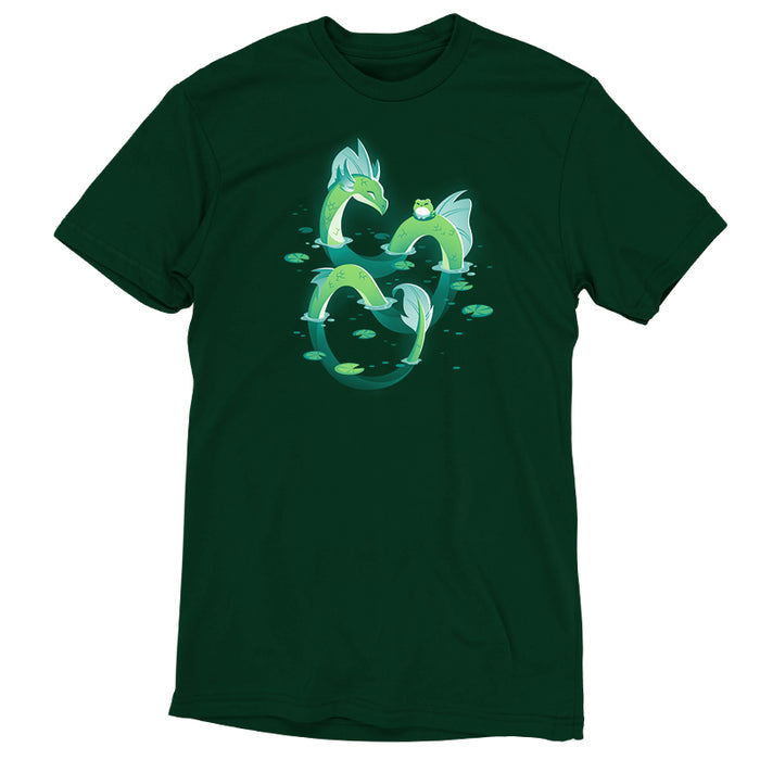 Premium Cotton T-shirt_TeeTurtle forest green Lagoon Dragon apparel featuring an artistic dragon in a lagoon with lily pads around it and a frog sitting on it's back.