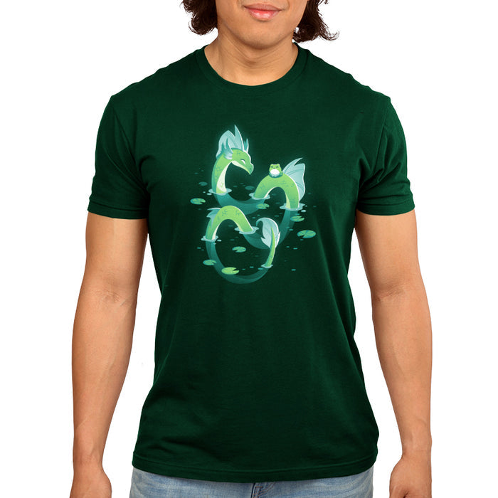 Premium Cotton T-shirt_TeeTurtle forest green Lagoon Dragon apparel featuring an artistic dragon in a lagoon with lily pads around it and a frog sitting on it's back.