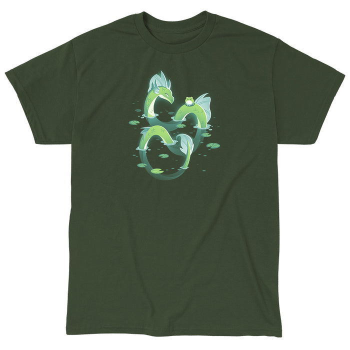 Classic Cotton T-shirt_TeeTurtle forest green Lagoon Dragon apparel featuring an artistic dragon in a lagoon with lily pads around it and a frog sitting on it's back.