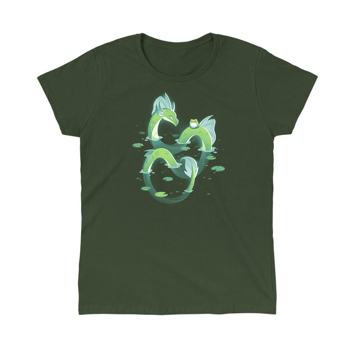 Classic Cotton T-shirt_TeeTurtle forest green Lagoon Dragon apparel featuring an artistic dragon in a lagoon with lily pads around it and a frog sitting on it's back.