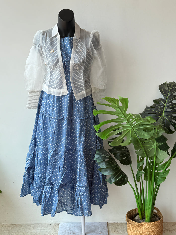 Light blue polka gown with organza shrug