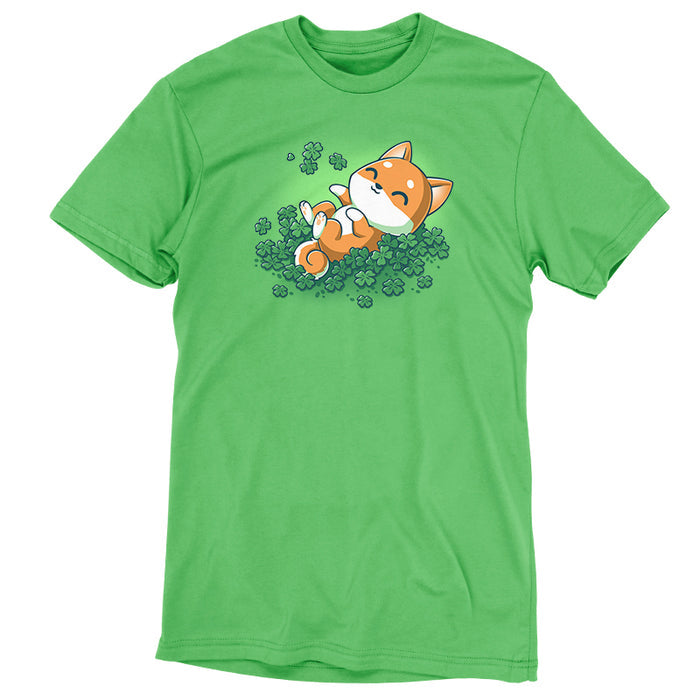 Premium Cotton T-shirt_TeeTurtle Lucky Shiba apple apparel featuring a happy shiba inu dog rolling around in four leaf clovers.