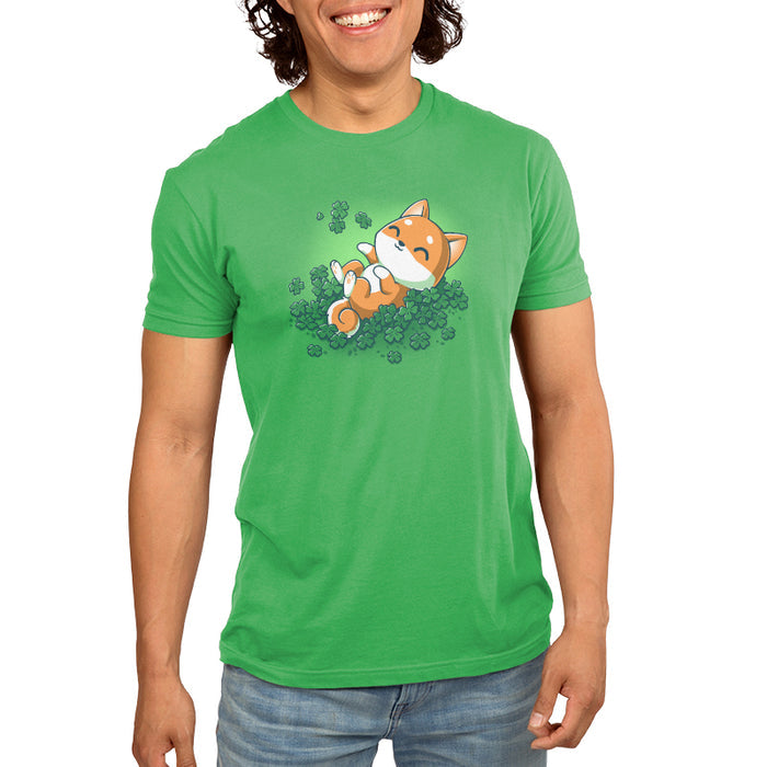 Premium Cotton T-shirt_TeeTurtle Lucky Shiba apple apparel featuring a happy shiba inu dog rolling around in four leaf clovers.